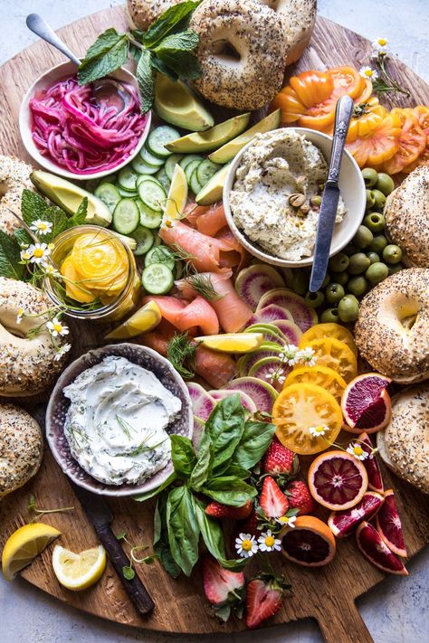 Bagel and Smoked Salmon Bar | halfbakedharvest.com #brunch #spring #mothersday #easter Everything Bagel Salad Half Baked Harvest, Lunch Ideas Entertaining Friends, Bagel Board Ideas, Brunch Platter Ideas, Bagel Bar Ideas, Bagel Platter, Breakfast Buffet Recipes, Brunch Platter, Lunch Platter