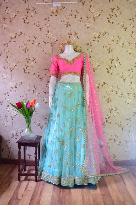 Hand work pink blouse with light blue lehenga by Sweta Acharya! Can be customized as per your choice and style.  For shipments and queries please do inbox us for viber us at 9851218200. Happy shopping 🛍  Team SA.  #lehengasetbySA #customized #handcraftedwithlove #happyshopping #designerpieces #latestdesign #frillshawl #swetaacharya #SA Pink And Blue Lehenga, Light Blue Lehenga, Sky Blue Lehenga, Light Blue Skirts, Indian Pink, Churidar Designs, Blue Lehenga, Fashion Design Patterns, Pink Lehenga