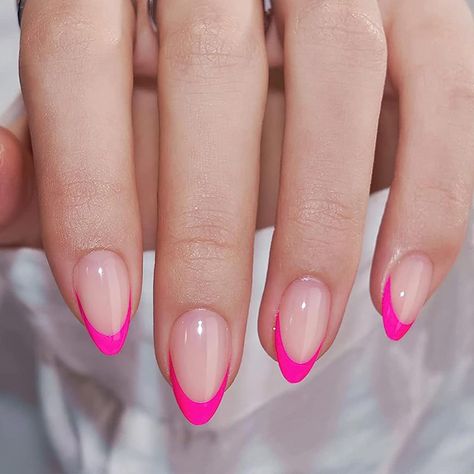 Mkwntg Hot Pink French Tip Press on Nails Short Almond Fake Nails Nude Pink Glossy Acrylic -Hot Pink Pink Stiletto Nails, Aesthetic Wellness, Almond Nails French, Short Almond Nails, Short Press On Nails, Hot Pink Nails, Short Almond, Pink French, Nagel Tips