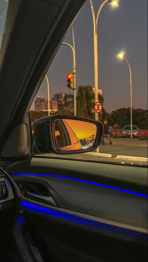 sunset picture taken from a car seat. It shows part of the window too and, outside, there are street lights View From Inside Car, Car View From Inside Aesthetic, Sunset From Car Window, Car View From Inside, Car Inside View, Sunset From Car, Car Window Aesthetic, Aesthetic Views, Car Side View