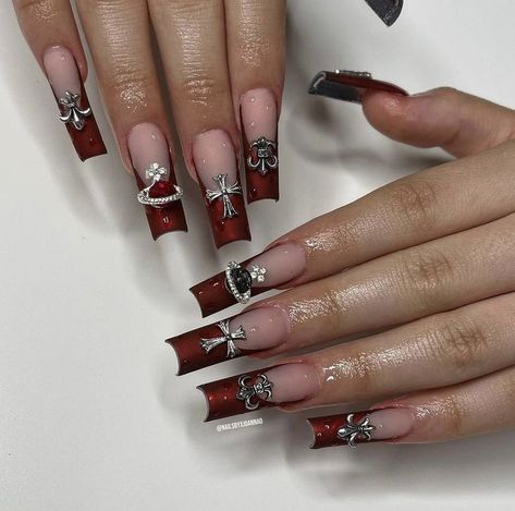 Blood Red Nails Design, Red Nails With Charms, Black Acrylic Nails, Punk Nails, Hippie Nails, Red Acrylic Nails, Simple Acrylic Nails, Long Acrylic Nails Coffin, Acrylic Nails Coffin Pink