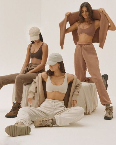 JOAH BROWN on Instagram: "THE PERFECT BRA The Contour Bra, in Sueded Umber, Yuma, and Mocha." Sweatpants Photoshoot, Lounge Wear Photoshoot, Loungewear Photoshoot, Active Wear Photoshoot, Activewear Photoshoot, Sweatpants Outfits, Gymwear Outfits, Fitness Photoshoot, Sweatpants Outfit