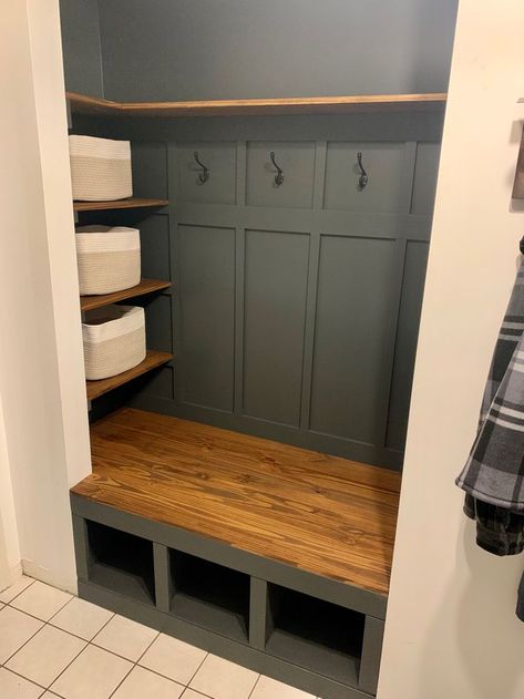 Hallway Closet Drop Zone, Entry Way Hall Closet Organization, Exposed Coat Closet, Kallax In Entryway, Coat Closet Cubbies, Entry Way Coat Closet Ideas, Front Door Closet Makeover, Front Entry Way Closet Ideas, Entrance Way Closet Ideas