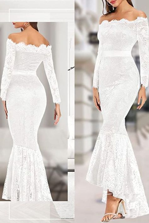 Women's Floral Lace Long Sleeve Off Shoulder Wedding Mermaid Dress Simple High Heels, Wedding Mermaid Dress, Wedding Mermaid, Women's Outfits By Occasions, Nice Style, Flowy Maxi Dress, Lace Long Sleeve, Reception Dress, Plus Size Maxi Dresses