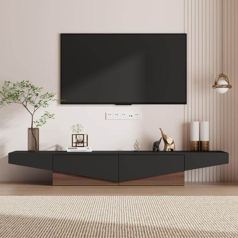 Unique Tv Unit Design Modern Living, Unique Tv Stand Ideas, Tv Stands Ideas For Living Room, Unique Tv Cabinet, Standing Tv Unit, Dark Wood Tv Stand, Unique Tv Stands, Tv Stand Entertainment Center, Tv Stand Decor