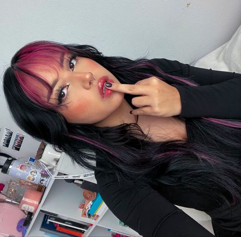 Crazy Hair Women, Hair Color Ideas Cute, Latinas With Colored Hair, Black Hair With Dark Purple Underneath, Dark Cherry Hair With Money Piece, Black Hair Pop Of Color, Latina Colored Hair, Black And Pink Hair Bangs, Different Colored Bangs