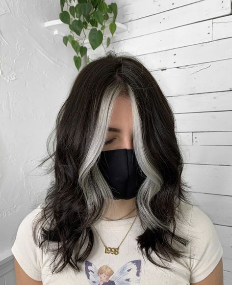 Black With Grey Money Piece, Hair Dye Ideas By Hair Pattern, Sliver Streaks Black Hair, Brown Hair Silver Streak, Back To School Hair Color Ideas, Black Hair With Grey Underneath, Brown Hair With Silver Money Piece, Colored Front Pieces Hair, Black Hair With White Money Piece