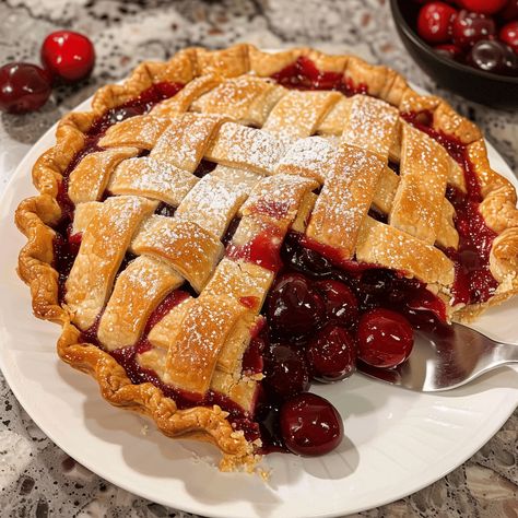 Classic homemade cherry pie with a flaky crust and sweet filling. Perfect for any occasion. Ready in 1 hour. German Cherry Pie, Cherry Pie Using Frozen Cherries, Thanksgiving Cherry Pie, Cherry Pie Aesthetic, Cherry Pie Crust, Homemade Cherry Pie Filling, Pie Aesthetic, Homemade Cherry Pie, Parker Aesthetic