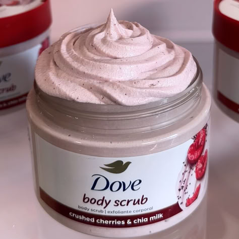 Tub of Dove Crushed Cherries & Chia Seeds Body Scrub with product piped into a satisfying whip, to look like frosting on a cupcake. Dove Cherry Body Wash, Dove Cherry, Body Scrub Dove, Chia Milk, Dove Body Scrub, Dove Exfoliating Body Polish, Vegan Skincare Routine, Exfoliating Body Polish, Best Body Scrub