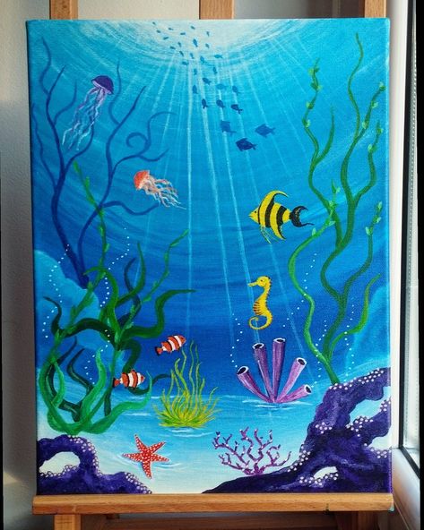 Acrylic paint for kids room. Based on YT tutorial @stepbysteppainting Under The Sea Acrylic Painting, Sea Creatures Painting Easy, Under The Sea Painting Easy, Melukis Aesthetic, Under Sea Drawing, Under The Ocean Painting, In The Sea Drawing, Under The Sea Drawing, Under Water Painting