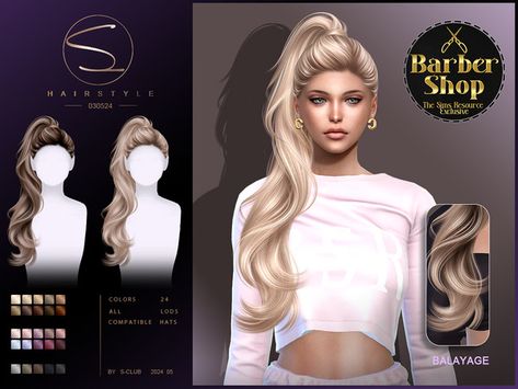 S-Club's (Barber Shop)Curly ponytail hairstyle 030524 Sims 4 Long Ponytail, Long Wavy Curls, Hair Ts4, Sims Aesthetic, Long Ombre Hair, Ts4 Hair, Curly Hair Ponytail, Sims Inspiration, Hair Barber