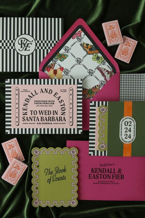 Kendall + Easton — EastRoseStudio Bold Invitation Design, Wedding Invite Color Palette, Nontraditional Wedding Invitations, Funky Invitation Design, Non Traditional Wedding Invitations, Funky Wedding Invites, Maximalist Wedding Invitations, Retro Wedding Stationery, Eclectic Wedding Invitations