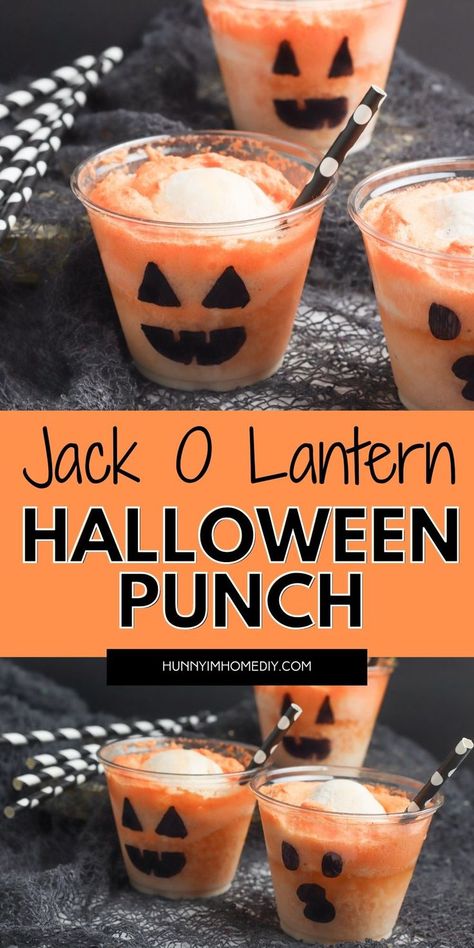 Jack o lantern cups with orange Halloween punch Orange Punch Halloween, Senior Halloween Party Ideas, Halloween Diy Drinks, Halloween Party Ideas For Work, School Friendly Halloween Treats, Spooky Juice For Kids, Kid Halloween Drink Ideas, At Home Halloween Party For Kids, Orange Halloween Drink