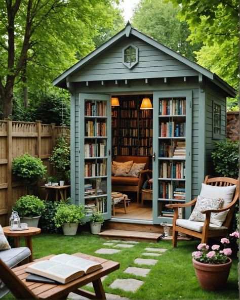 She Shed Patio Ideas, Greenhouse Bookshelf, Library Garden Ideas, Outdoor Garden Rooms Ideas, Outdoor Book Nook, Whimsical She Shed, Book Shed Backyards, Reading Shed Ideas, Library Shed Backyards