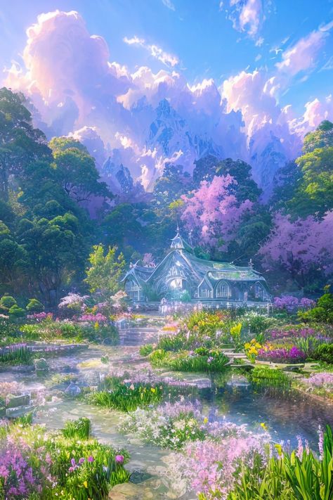 This digital artwork presents a stunning garden, teeming with vibrant white, pink, and purple flowers, encircling a tranquil pond. At the center of this wondrous garden stands a quaint house, imbued with a touch of magic, radiating an ethereal aura. Behind the house, a lush green forest stands tall and majestic, beckoning the viewer to embark on an adventure. This enchanting scene promises to captivate viewers with its alluring beauty and mysterious atmosphere. Enchanted Forest Artwork, Magical Garden Fantasy Art, Magic Scenery, Oasis Poster, Quaint House, Majestic Scenery, Aesthetic Bg, Acotar Aesthetic, Crystal Forest