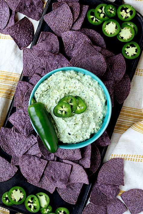 Spinach Artichoke Dip with Fresh Jalapeño is a twist on a classic party favorite! It’s the perfect pairing for Mission Organics® Blue Corn Tortilla Chips! #ad #sponsored #MissionOrganics Cold Spinach Artichoke Dip, Strawberry Feta Spinach Salad, Blue Corn Chips, Strawberry Feta, Dip Sauce, Spinach Salad Recipes, Caesar Salad Recipe, Corn Tortilla Chips, Corn Tortilla