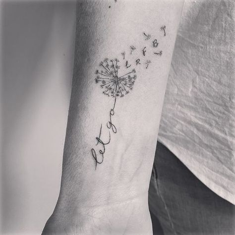 100 Dandelion Tattoo Designs for Women | Art and Design Dandelion Tattoo With Initials, Let Go Dandelion Tattoo, Let It Go Dandelion Tattoo, Dandelion Tattoo Design Quotes, Blowing Dandelion Tattoo Quotes, Dandelion Wrist Tattoos For Women, Learn To Let Things Go Tattoo, Let It Go Tattoos For Women, Dandelion Tattoo Wrist