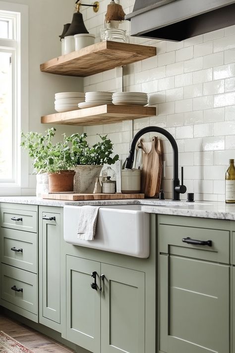 Discover the latest kitchen design with calming green cabinetry and open shelving for a fresh, airy feel. Incorporate natural elements like potted herbs to enhance the aesthetics and functionality. Perfect for any modern home! #kitchendesign #homeinspiration #modernkitchen Green Kitchen Cabinets With White Backsplash, Green Kitchen Open Shelves, Sage Green Subway Tile Kitchen, Open Shelves Above Sink, Kitchen Backsplash With Green Cabinets, Shelves Above Sink, Herb Kitchen, Wood Shelves Kitchen, Olive Green Kitchen