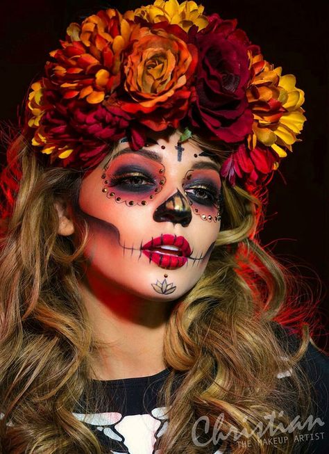 Sugar Skull Halloween Makeup, Halloween Makeup Skull, Skull Halloween Makeup, Halloween Makeup Sugar Skull, Mexican Halloween, Halloween Make-up Looks, Dead Makeup, Sugar Skull Halloween, Hot Halloween Outfits