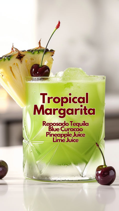 Tropical Margarita Reposado Tequila Cocktails, Margarita Ideas, Tequila Pineapple, Tropical Margarita, Bartender Drinks Recipes, Bartender Drinks, Cocktail Drinks Alcoholic, Yummy Alcoholic Drinks, Tequila Drinks