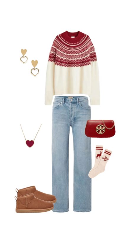 outfit inspo, outfit idea, holiday fashion inspiration, christmas day outfit shuffles, xmas fashion inspo, cozy outfit, uggs, cosy, xmas sweater, cherry red bag #ChallengeFestività Outfit Shuffles, Christmas Sweater Outfits, Xmas Fashion, Red Christmas Sweater, Christmas Day Outfit, Red Bag, Xmas Sweater, Inspo Outfit, Cozy Outfit