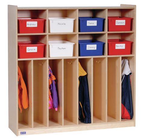 Preschool Cubbies, Kids Locker, School Coat, Toddler Coat, Clear Bins, Classroom Storage, Kids Dressers, Classroom Furniture, School Furniture