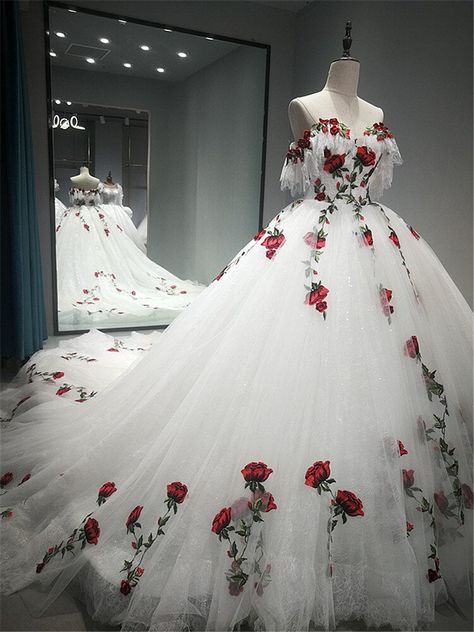 Red And White 15 Dress, White Rose Wedding Dress, Wedding Dresses With Red Roses, Dark Red And White Wedding Dress, White With Red Wedding Dress, Red Flower Wedding Dress, White Wedding Dress With Black And Red, Wedding Dresses With Red Accents, Red Floral Wedding Dress