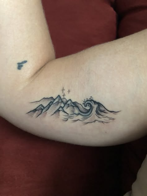 Mountain tattoo. Wave tattoo. Mountain and wave tattoo. Rock And Wave Tattoo, Mountain Cactus Ocean Tattoo, Wave And Rock Tattoo, Mountain And Waves Tattoo, Waves Tattoo Ideas, Mountain And Wave Tattoo, Ty Tattoo, Mountain And Ocean Tattoo, Wave Tattoo Meaning