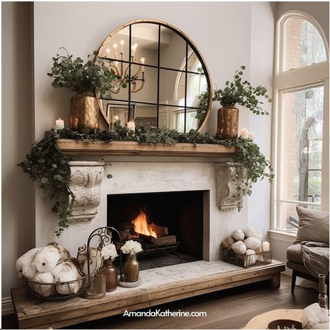 30+ Spring Mantel Decor Ideas To Herald Warmth In Your Home - Amanda Katherine Above The Mantel Ideas, Seasonal Mantle Decor Ideas, Bottom Of Fireplace Decor Ideas, Mirrors On Fireplace Mantel, Above The Mantle Decor, Hearth Decor Ideas, Elegant Mantel Decorating Ideas, Year Round Mantle Decor, Elegant Mantle Decor