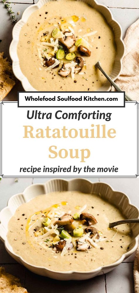 Inspired by the unforgettable soup moment in Disney's "Ratatouille," this recipe blends earthy potatoes, leeks, and mushrooms with a mix of herbs which results in a creamy ratatouille soup, reminiscent of Remy's culinary artistry. Ratatouille Soup, Ratatouille Film, Vegetarian Lentil Soup, Creamy Potatoes, Ratatouille Recipe, Vegetarian Soup Recipes, Savory Soups, Soup And Stew, Vegetarian Soup