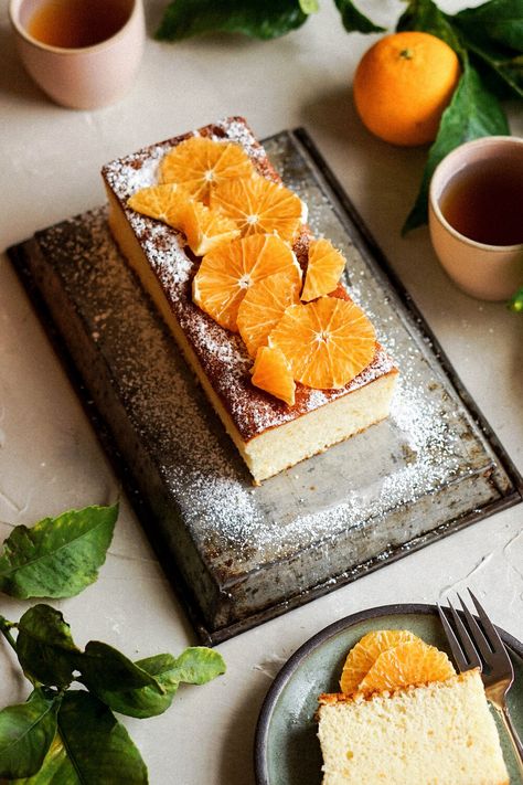 Orange Castella Cake — Eat Cho Food Orange Cake Design, Orange Bakery, Tangerine Cake, Castella Cake Recipe, Castella Cake, Snacking Cake, Mug Of Tea, Protein Cake, Cake Layers