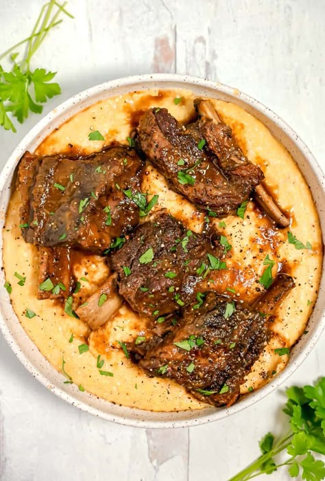 Braised Short Ribs With Polenta, Ribs And Sides, Braised Beef Recipes, Pork Crockpot, Braised Beef Short Ribs, Short Ribs Slow Cooker, Baked Polenta, 1950s Food, Short Ribs Recipe