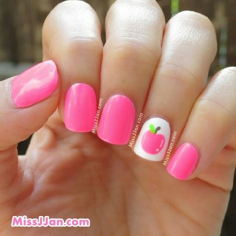 Back to school nails Apple Nail Art, Neon Pink Nail Polish, Teacher Nails, School Nail Art, Almond Nails Pink, Neon Pink Nails, Kids Nail Designs, Back To School Nails, School Nails