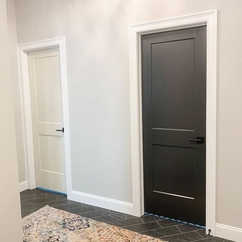 White Wall And Black Doors, Soft Black Interior Doors, Black Accent Doors Interior, Iron Ore Sherwin Williams Interior Doors, Homes With Black Interior Doors, Painted Black Interior Doors, Black Interior Doors Farmhouse, Wall And Door Paint Ideas, Interior Doors Iron Ore