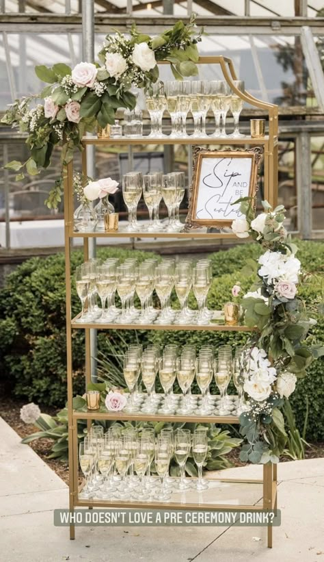 Champagne Wedding Entrance, Wedding Champagne Shelf, Ceremony Champagne Table, Champagne Shelf Display Wedding, Pre Ceremony Champagne, Champagne Before Wedding Ceremony, Romantic Winery Wedding, Champagne At Wedding Ceremony, Champagne Station Wedding