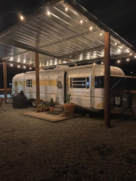 Airstream Shelter, Airstream Carport, Rv Airbnb, Rv Covered Parking, Airstream Storage, Camper Homestead, Camper Shelter, Exeter California, Porch For Camper