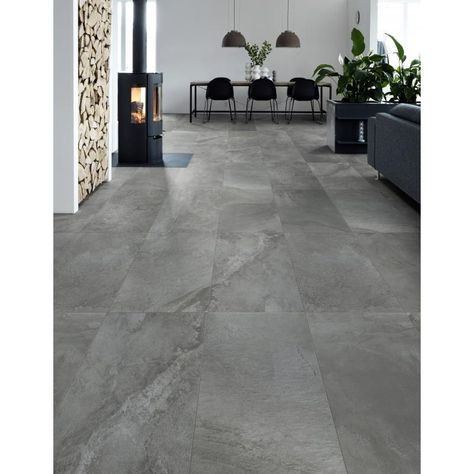 Living Room Grey Tiles, Gray Tile Flooring, Grey Floor Tiles Living Room, Grey Tiles Living Room, Living Room Tiles Design, Tiles Interior Design, Dark Tile Floors, Room Tiles Design, Grey Wood Tile