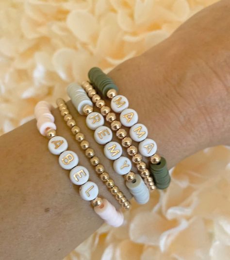 Beaded Name Bracelet, Heishi Bracelets, Heart Bracelets, Heishi Bracelet, Mama Bracelet, Gold Heart Bracelet, Colored Clay, Multiple Bracelets, Stacking Bracelets