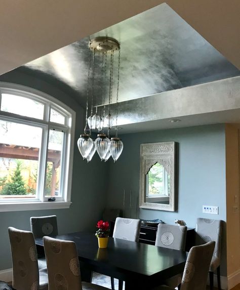 Silver Leaf Ceiling in Boulder Residence Brings Out Reflective Quality Silver Leaf Ceiling, Gold Leaf Ceiling, Leaf Ceiling, Ceiling Diy, Historic Renovation, Update Cabinets, Dining Room Ceiling, Diy Ceiling, Kitchen Ceiling