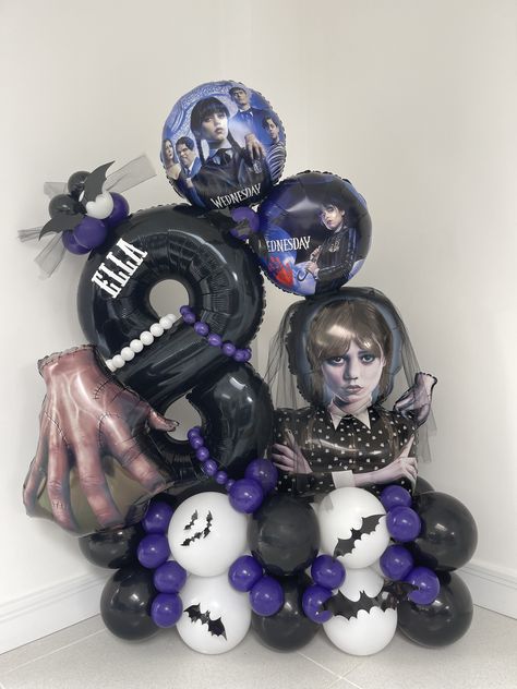 Wednesday Addams Balloon Bouquet, Wednesday Balloon Bouquet, Wednesday Balloon Decor, Wednesday Balloons, Addams Family Theme Party, Wednesday Theme, Wednesday Birthday, Addams Family Theme, Aladdin Birthday Party