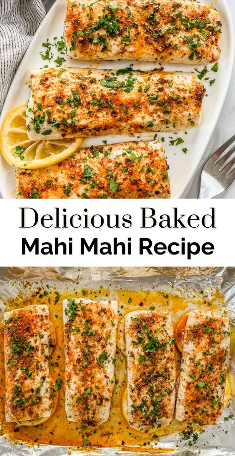 If you love the mild taste of white fish, you'll love this easy, baked mahi mahi recipe. You'll get a delicious fish that comes together in about 20 minutes!  Mahi Mahi has a wonderful mild flavor with a bit of sweetness and a nice, firm texture. Paired with butter, lemon, and just the right seasonings, then baked to perfection, it's a really tasty fish. Fish Mahi Mahi, Best Fish Dinner Recipes, Mahi Mahi Lemon Butter Sauce, Fish Recipes For Dinner Baked, Simple Fish Dinner, Low Carb Recipes Fish, Fish Mahi Mahi Recipes, Mahi Mahi Recipes Easy, Maji Maji Recipe Mahi Mahi