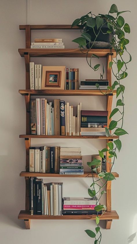 Cozy and organized wooden bookshelf decor with books and decorations, adding style to the room. Bookshelf Decor Ideas, Green Bookshelves, Bookshelf Inspiration, Wooden Bookshelf, Corner Plant, Corner Bookshelves, Plant Book, Bookshelf Styling, Book Corners