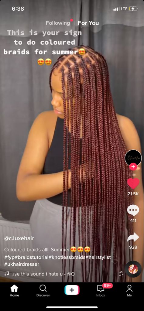 Small Knotless Box Braids Long Color 30, Small Knotless Box Braids Long Red, Brownish Red Box Braids, Small Knotless Box Braids Long Ginger, Color Block Knotless Braids, Marron Knotless Braids, Braided Hairstyles For Black Women Burgundy, 30 Braiding Hair Color Box Braids, Color 35 Knotless Braids