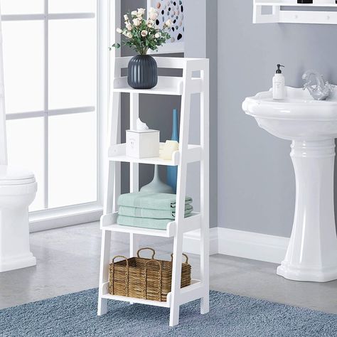 GREAT FLOOR SHELF :This Bathroom Ladder Shelf Crafted From Quality Manufactured Wood .Plus , The Elegant Finish Looks Great With Any Of DÉCor Styles. it Features 4 fixed shelves-perfect for storing and displaying STORE AND DISPLAY : The Open Shelf… Bathroom Standing Shelf, Ladder Shelf Bathroom, Ladder Wall Shelf, Bathroom Ladder Shelf, Bathroom Shelf Unit, White Bathroom Shelves, Bathroom Ladder, Wood Shelving Units, Wood Shelving