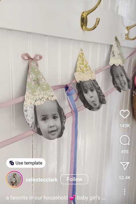 Banner with the kid's face from each year for their birthday "the birthday banner" Birthday Face Garland, Picture Garland Birthday, Baby Face Garland Birthday, Birthday Banner With Pictures, Face Birthday Decor, First Birthday Face Banner, Baby Face Birthday Banner, Face Banner Birthday, Birthday Face Banner