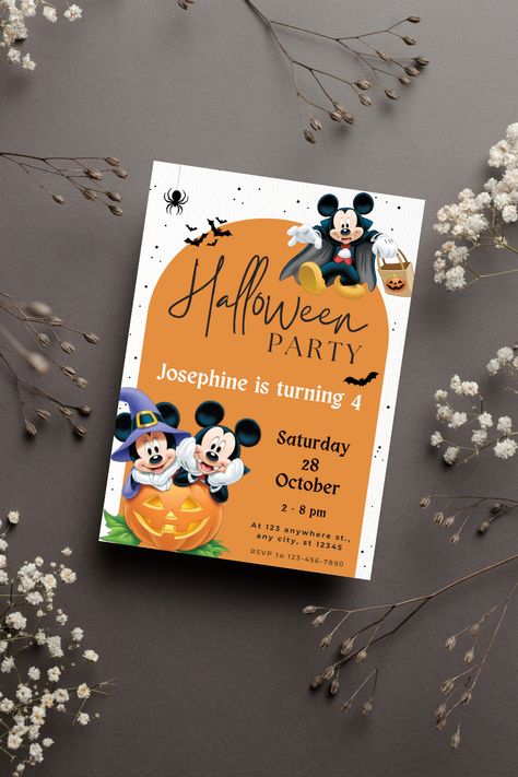 The Halloween Birthday Invitation Template is perfect for a kids birthday party. It showcases the Mickey Mouse Halloween theme, filled with fun and cute design elements like Mickey Mouse, Minnie Mouse, bats and more. Children's birthdays are always special, and this invitation can help create a memorable birthday party that everyone will cherish. Mickey Halloween Birthday Party, Disney Halloween Birthday Party, Mickey Mouse Halloween Birthday Party, Scary Birthday, Disney Halloween Party, Theme Halloween Party, Halloween Invitaciones, Three Birthday, Disney Halloween Parties