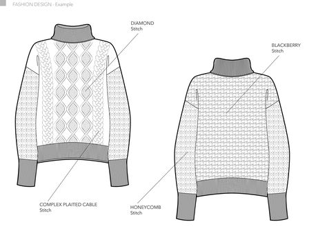 A set of Aran knitting stitches brushes and swatches to make your technical drawings and tech packs look even more professional. Includes: - cable stitch (Adobe Illustrator brush) - plaited cable stitch (Adobe Illustrator brush) - complex plaited cable stitch (Adobe Illustrator brush) - diamond stitch (Adobe Illustrator brush) - zig zag stitch (Adobe Illustrator brush) - tree of life stitch (Adobe Illustrator brush) - blackberry stitch (Adobe Illustrator swatch) - honeycomb stitch (Adobe Illustr Cable Knitwear, Fashion Sketches Men, Aran Knit, Aran Knitting, Zig Zag Stitch, Honeycomb Stitch, Jersey Sweater, Technical Drawings, Fashion Dictionary