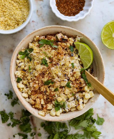 Vegan Mexican Street Corn (Esquites) (Authentic and Super Easy!) Mexican Vegan Recipes, Mazapan Recipe, Vegan Mexican Street Corn, Vegan Orange Chicken Recipe, Corn Esquites, Esquites Recipe, Vegan Tamales, Vegan Tacos Recipes, Peanut Curry