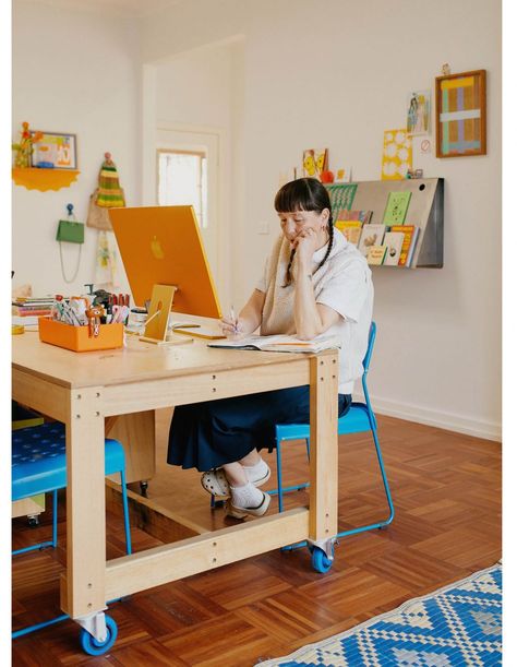 Mid Century Art Studio, Artist Desk Workspaces, Home Office Studio Creative Workspace, Art Studio Table, Colourful Home Office, Artist Office, Beci Orpin, Shared Home Office Ideas, Creative Workspace Inspiration