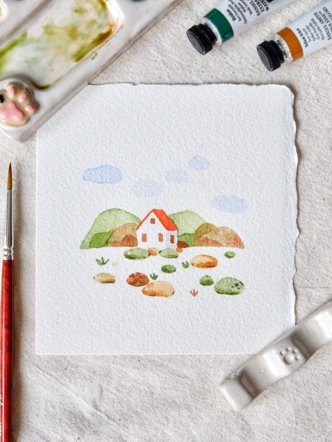 Simple Watercolor Illustration, Mini Watercolor Paintings Simple, Mini Landscape Watercolor, Watercolor Simple Art, Water Colors For Beginners, Simple Watercolor Ideas, Cute Watercolor Paintings, Mini Watercolor Paintings, Cottagecore Watercolor